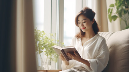 Asian woman reading a book near the window. Good morning lifestyle concept. - obrazy, fototapety, plakaty