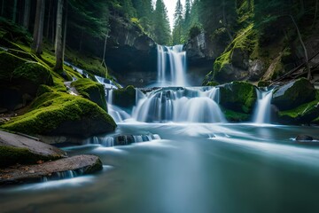 Obraz premium Waterfall on mountain river in the forest 