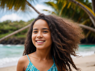 Fototapeta premium Photorealistic portrait of positive beautiful very young laughing child with loose frizzy hair fluttering in the wind on the tropical beach