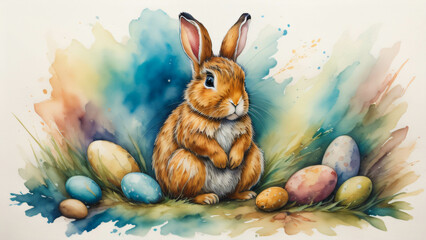 A very colorful watercolor painting of an Easter Bunny.  Ai Generated