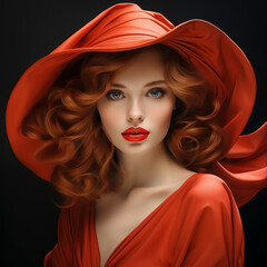 Modern dressed woman with red hat and red dress on black background, AI Generated