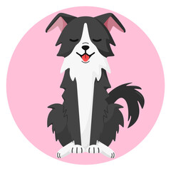 Happy sitting dark gray Border Collie dog with closed eyes and smile in flat style 