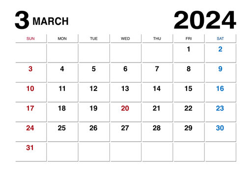 2024年3月のメモが書けるカレンダー