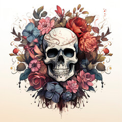 Skull among flowers on white background. Day of The Dead. Skull and Flowers. Smiling skull, generative ai