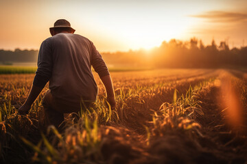 Fototapeta premium A farmer working in the fields during the golden hour, with the countryside in the backdrop
