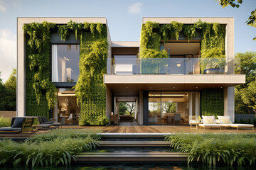 A modern home integrated with green plants and sustainable energy solutions