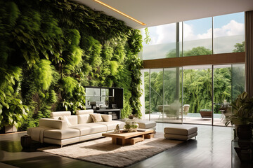 A modern home integrated with green plants and sustainable energy solutions