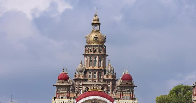 Close up front view of Mysore Maharaja palace in Mysore city , Karnataka. Palace is built in 1912 with Indo - Saracenic style of architecture.