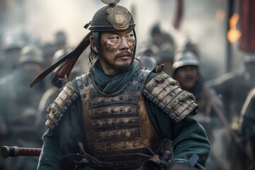 Medieval Chinese Soldier Wearing A Helmet And Traditional Armors In The Battle, Ai Art