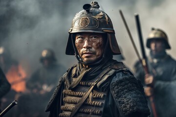 Medieval Chinese Soldier Wearing A Helmet And Traditional Armors In The Battle, Ai Art