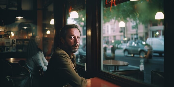 Bearded man sits at a table in a cafe by the window, ai art