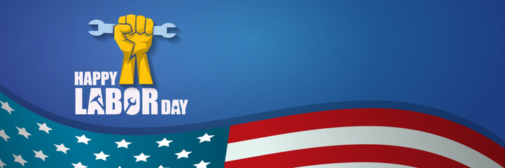 labor day Usa vector label or horizontal background. vector happy labor day poster or horizontal banner with clenched fist isolated on usa flag background . Labor union icon