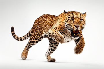Obraz premium Jaguar isolated on white background jumping. Animal front side portrait.