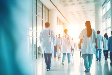 Healthcare professionals in a busy hospital corridor, conveying dedication and urgency