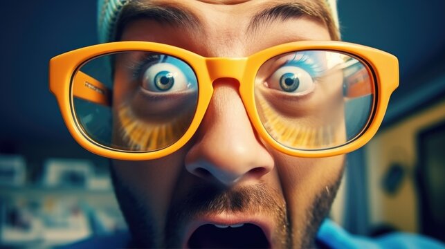 Funny looking man wears eyeglasses with very thick lenses. Generative AI