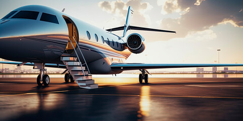 Close-up of a business jet parked outside.	
