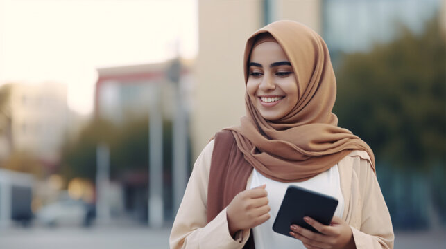 Cheerful Arab Female Student With Smartphone Standing Outdoors. Education concept.