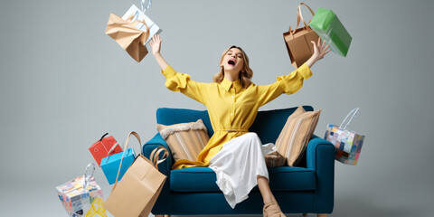 Elated and jubilant, a shopping enthusiast woman sits on an armchair, surrounded by numerous shopping bags.
