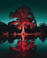 Enigmatic AI-generated illustration of Salem's Southern gothic mysterious glowing witch swamp tree. Luminous mysteries of deep American
