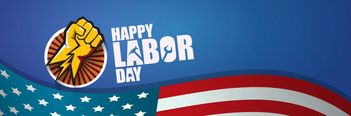 labor day Usa vector label or horizontal background. vector happy labor day poster or horizontal banner with clenched fist isolated on usa flag background . Labor union icon