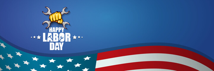 labor day Usa vector label or horizontal background. vector happy labor day poster or horizontal banner with clenched fist isolated on usa flag background . Labor union icon