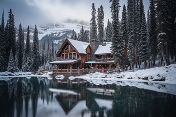 lodge near emerald lake in winter. High quality illustration