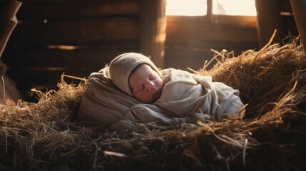 Baby Jesus Christ in a barn laying in a manger in hay - obrazy, fototapety, plakaty