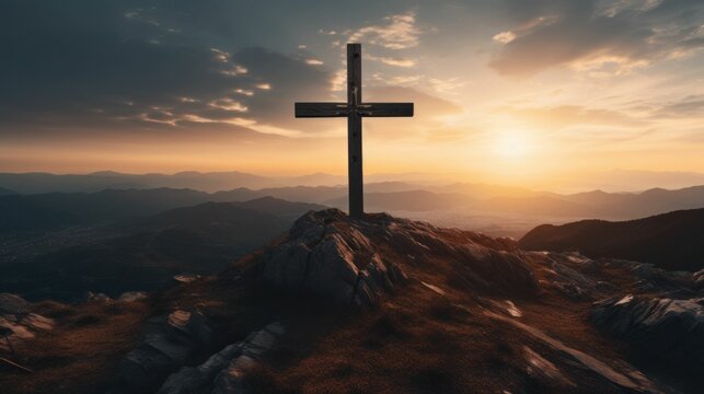 Jesus Christ Cross silhouette on the mountain at sunrise