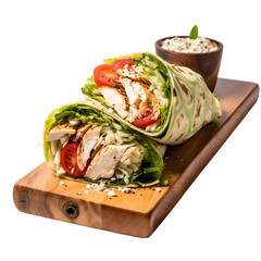Chicken Caesar Supreme Roll Wrap on a wooden plate with an isolated transparent background. - obrazy, fototapety, plakaty