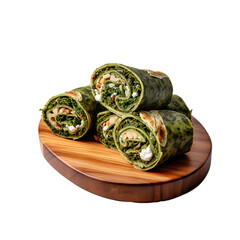 Spinach and Feta Fantasy Roll Wrap on a wooden plate with an isolated transparent background.
