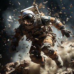 Astronaut in a far planet in a meteorite storm