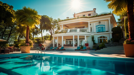 Luxury mansion house villa on sunny day - obrazy, fototapety, plakaty