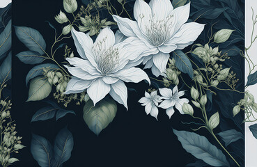 Template for invatation with white, beige  flowers and dark background. AI