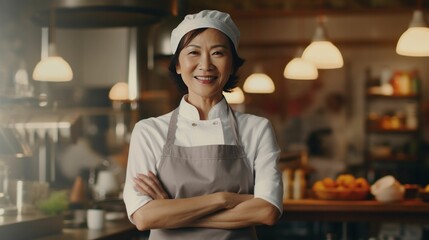 Happy middle aged asian female chef standing in a restaurant kitchen with hands crossed