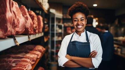 Black female butcher shop owner young woman smiling