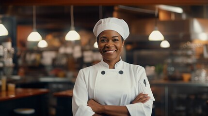 Happy black female chef standing in a restaurant kitchen with hands crossed