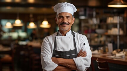 Smiling hispanic male chef standing in a restaurant kitchen with hands crossed - Powered by Adobe