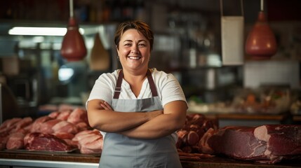 Female butcher preparing meat in the kitchen. Overweight woman