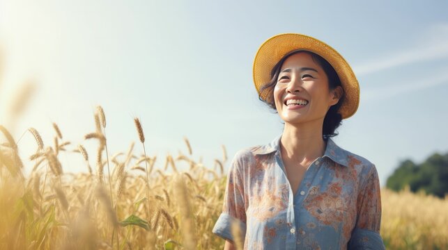 Asian female farmer in a hat on a field