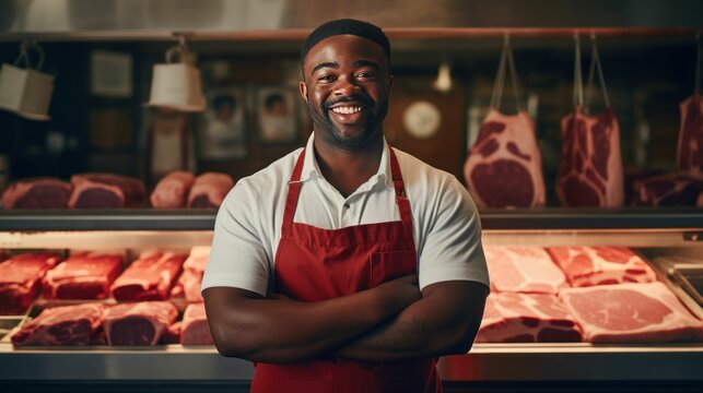Black butcher shop owner smiling.