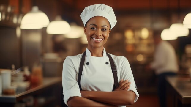 Young black female chef standing in a restaurant kitchen with hands crossed