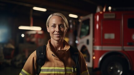 Fototapeta na wymiar Woman firefighter female first responders at the firefighting station 