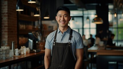 Coffee shop owner asian man smiling. Asian owned business.