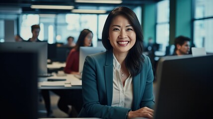 Beautiful asian business woman working in the office on the computer