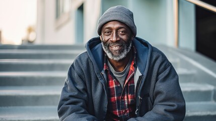 Black african american man homeless person smiling