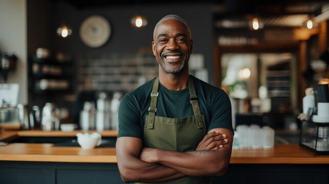 Coffee shop owner black man smiling. Black owned business concept