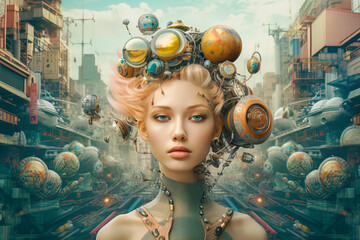 Painting of futuristic fashion portrait of a confident young white woman with steampunk influence