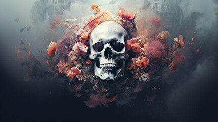 Skull with flowers emerging from a cloud of smoke. Halloween background. Digital illustration