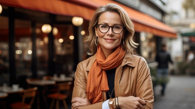 Beautiful mature woman 40-45 years old wearing brown jacket and orange scarf