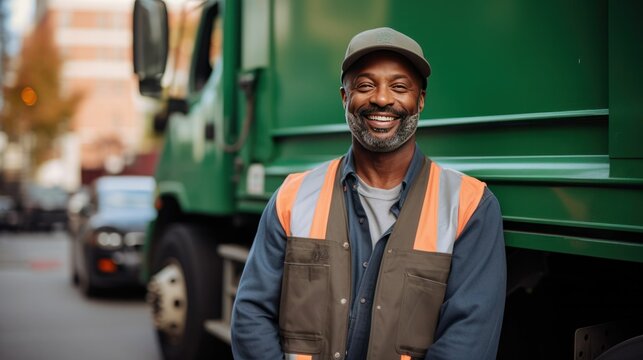 Black african american man waste garbage collector job smiling